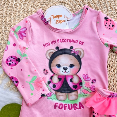 Linha Praia - Blusa com Proteção UV50+ Sou Pacotinho de Fofura e Calcinha - Rose